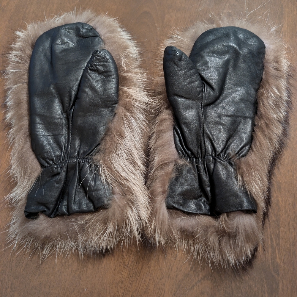 Luxurious Black Leather Mittens with Brown Fur Trim